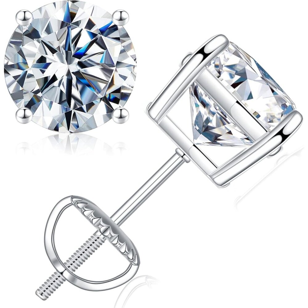 Women's Moissanite Screw Back Earrings Silver Round Moissanite